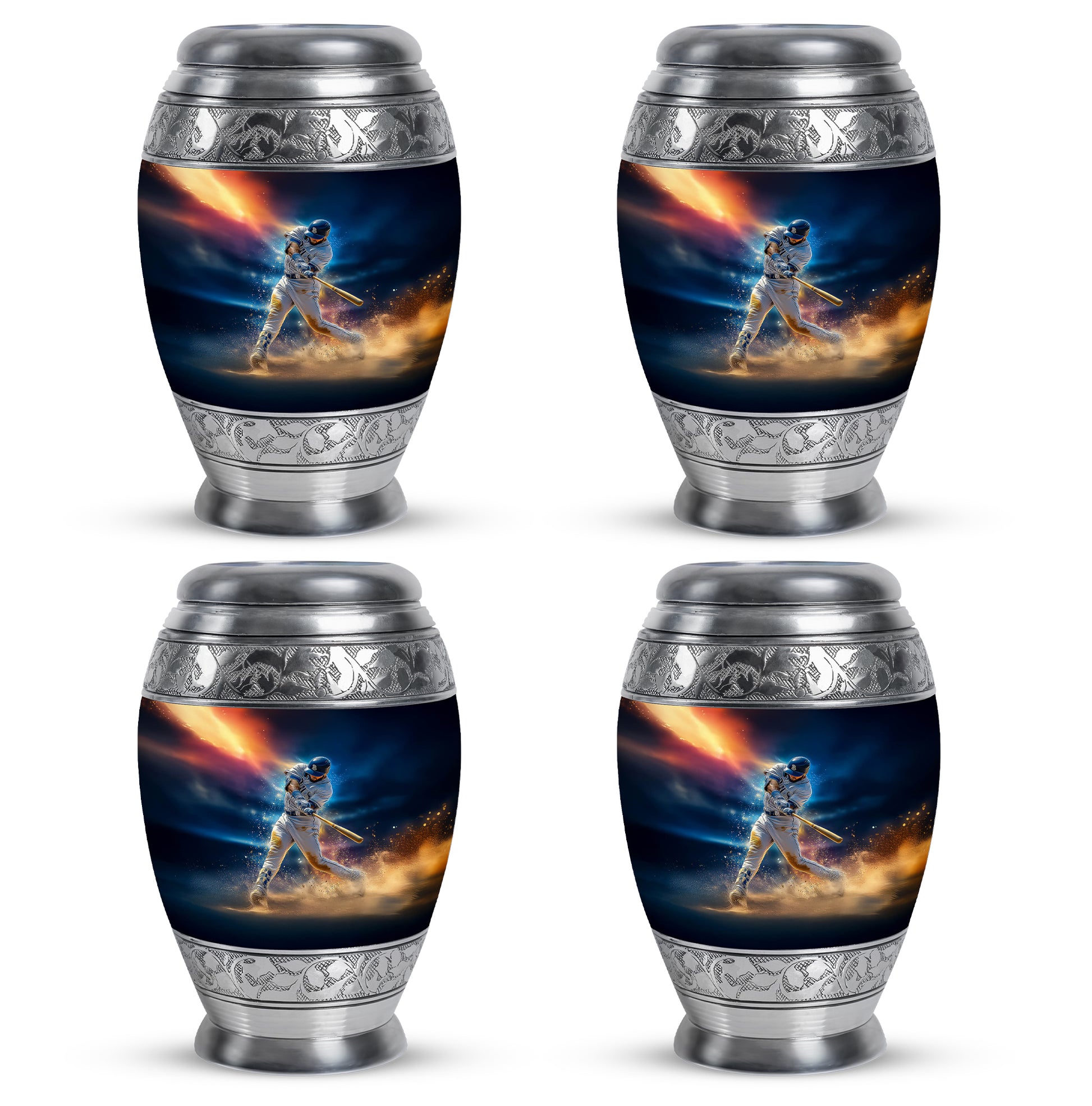 Azure Baseball Cremation Urn urn with complimentary velvet bag - ornate monarch-style baseball relief on brushed aluminum - 10 inch aluminum urn for cremated remains