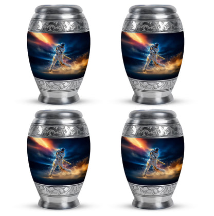 Azure Baseball Cremation Urn urn with complimentary velvet bag - ornate monarch-style baseball relief on brushed aluminum - 10 inch aluminum urn for cremated remains