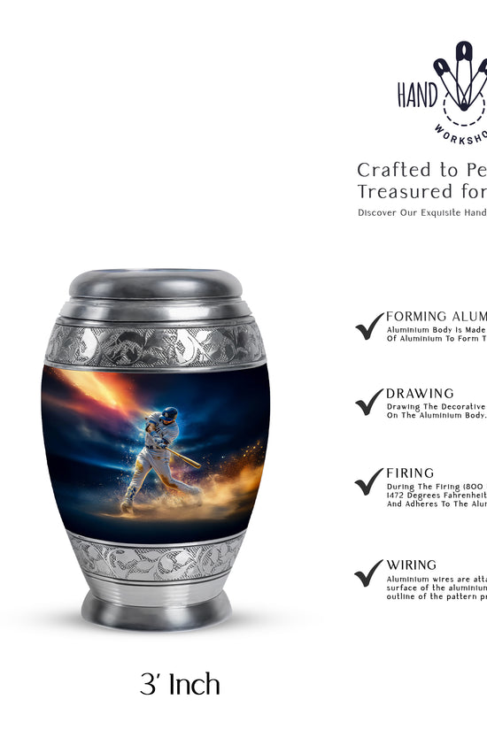 Misty Blue Baseball Cremation Urn lifestyle display on memorial shelf - regal baseball design with crown-inspired accents - mini keepsake memorial for portion of cremation ashes