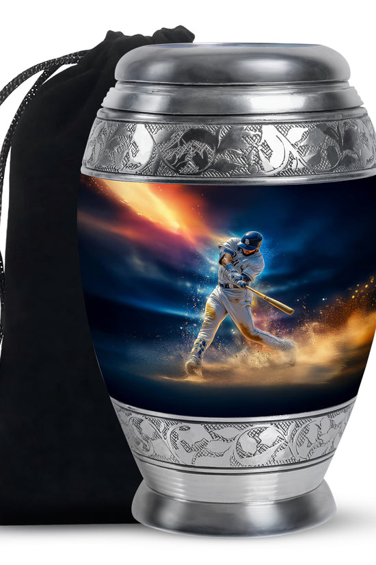 Icy Blue Baseball Cremation Urn back view with polished surface - regal baseball design with crown-inspired accents - full-size 10 inch 200 cubic inch adult cremation urn