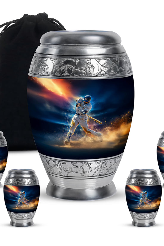 Azure Baseball Cremation Urn detail view - regal baseball design with crown-inspired accents - memorial set with one large and four small urns