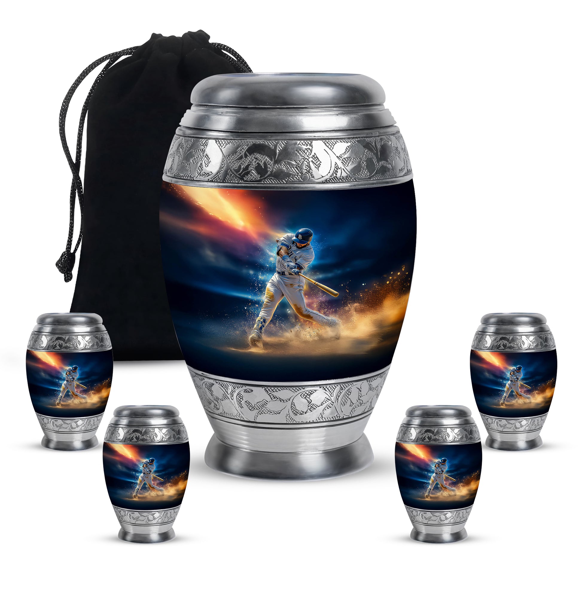 Azure Baseball Cremation Urn detail view - regal baseball design with crown-inspired accents - memorial set with one large and four small urns