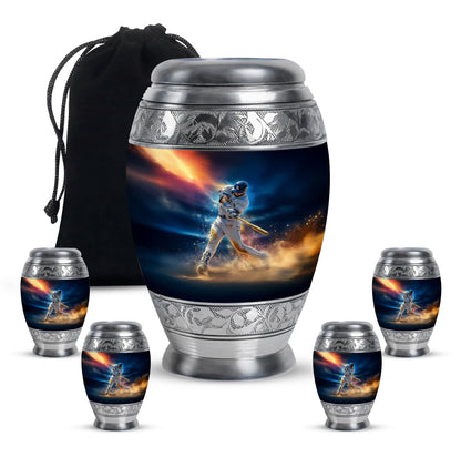 Azure Baseball Cremation Urn detail view - regal baseball design with crown-inspired accents - memorial set with one large and four small urns