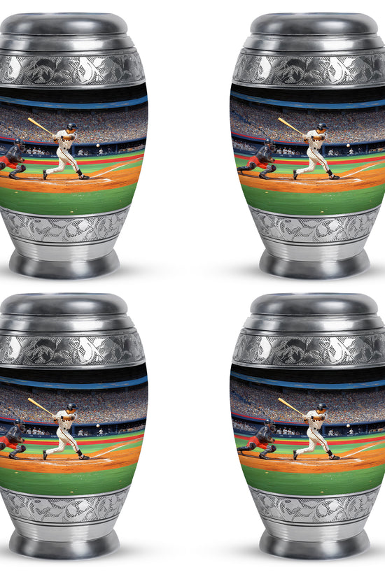 Charcoal Black Baseball Cremation Urn urn with complimentary velvet bag - royal baseball engraving with decorative scrollwork - 10 inch aluminum urn for cremated remains