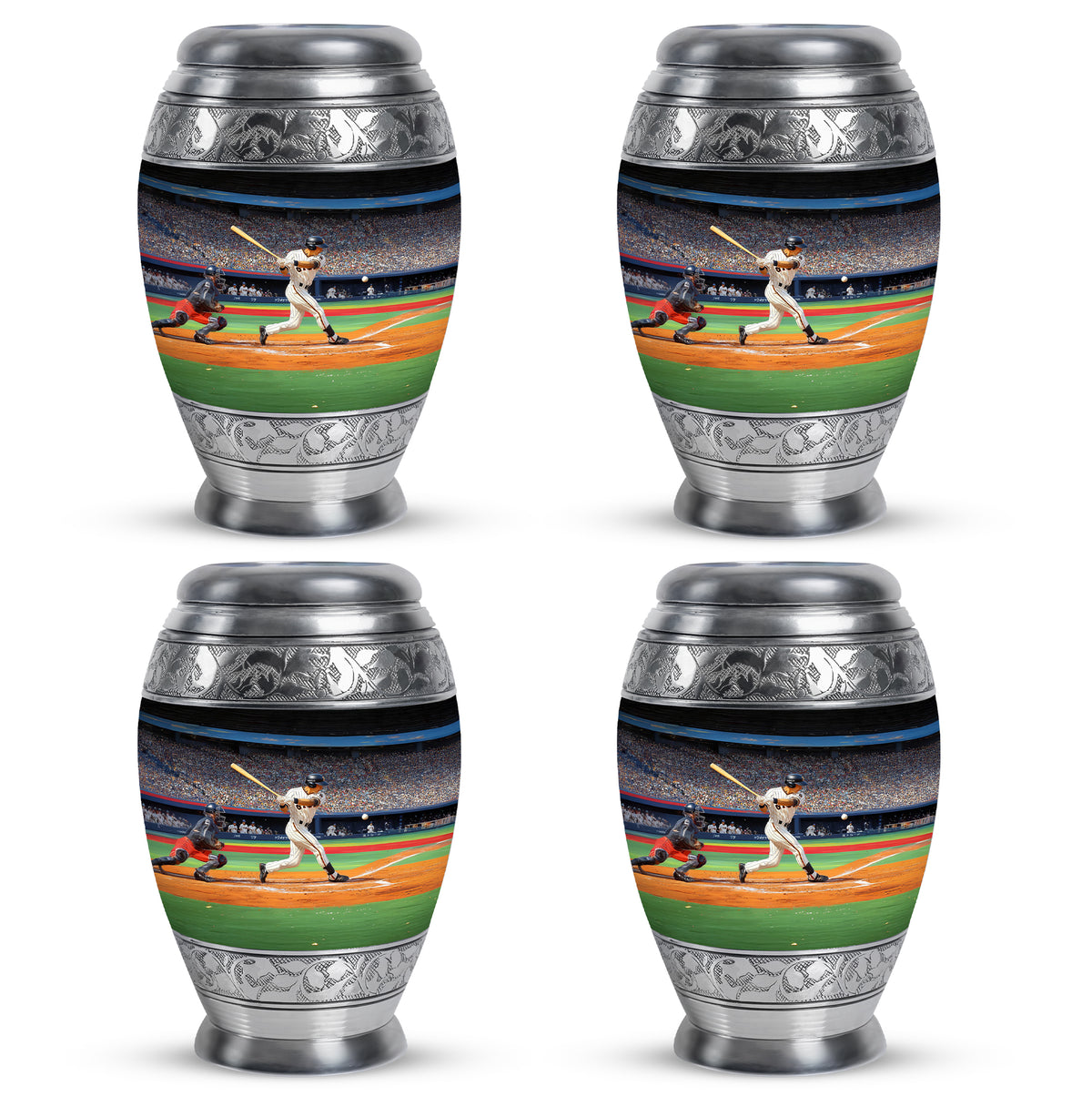 Charcoal Black Baseball Cremation Urn urn with complimentary velvet bag - royal baseball engraving with decorative scrollwork - 10 inch aluminum urn for cremated remains