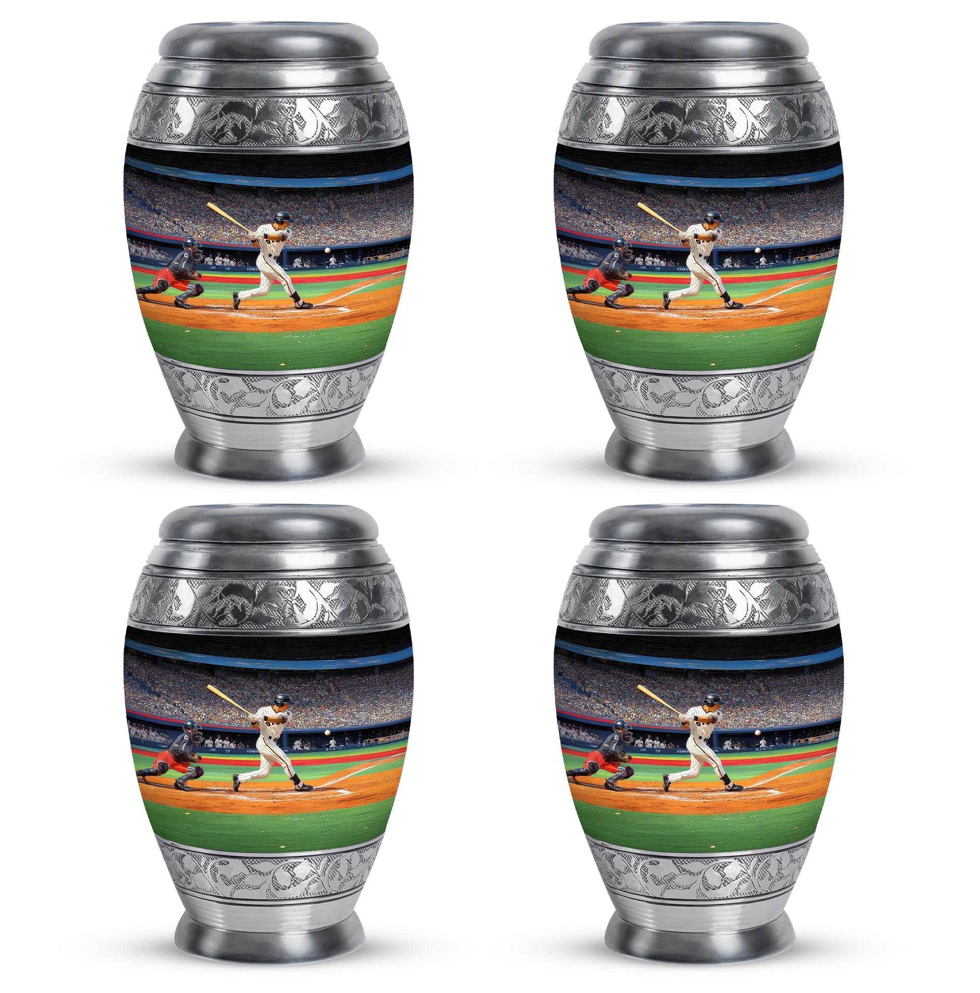Charcoal Black Baseball Cremation Urn urn with complimentary velvet bag - royal baseball engraving with decorative scrollwork - 10 inch aluminum urn for cremated remains
