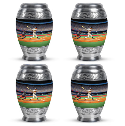 Charcoal Black Baseball Cremation Urn urn with complimentary velvet bag - royal baseball engraving with decorative scrollwork - 10 inch aluminum urn for cremated remains