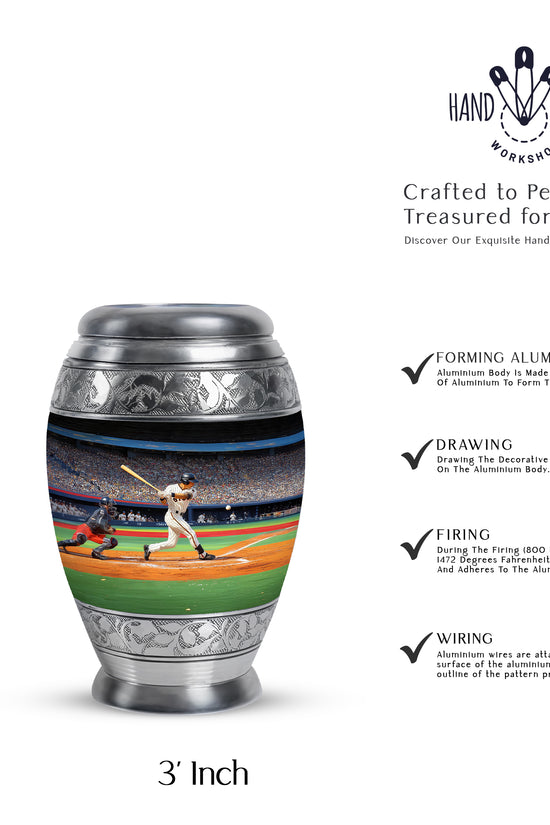 Obsidian Black Baseball Cremation Urn lifestyle display on memorial shelf - royal baseball engraving with decorative scrollwork - mini keepsake memorial for portion of cremation ashes