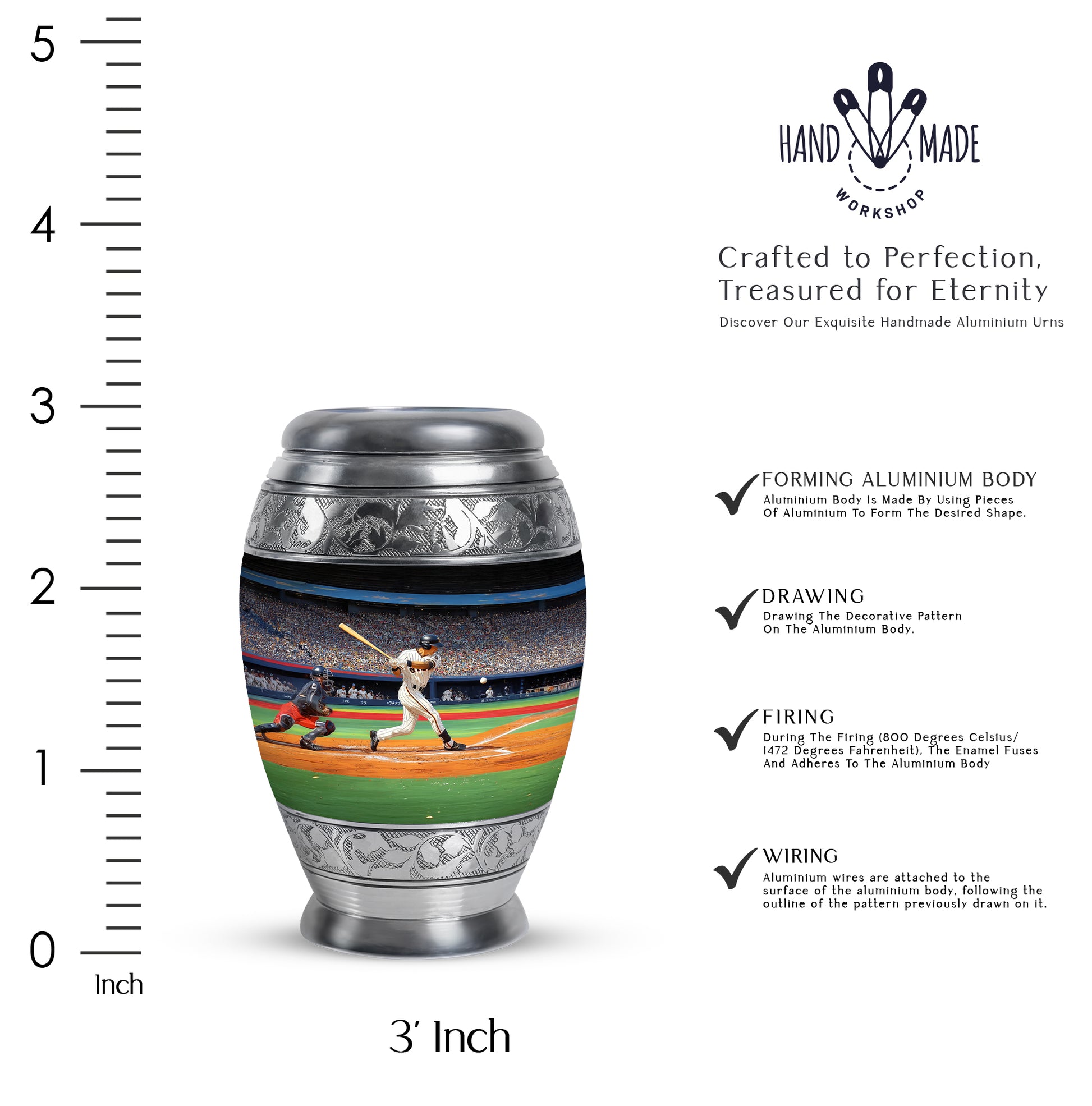 Obsidian Black Baseball Cremation Urn lifestyle display on memorial shelf - royal baseball engraving with decorative scrollwork - mini keepsake memorial for portion of cremation ashes