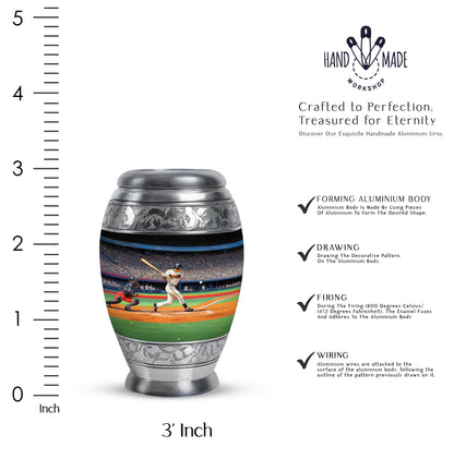 Obsidian Black Baseball Cremation Urn lifestyle display on memorial shelf - royal baseball engraving with decorative scrollwork - mini keepsake memorial for portion of cremation ashes