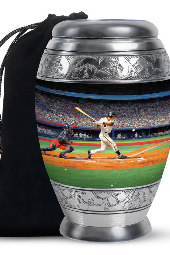 Dark Black Baseball Cremation Urn back view with polished surface - royal baseball engraving with decorative scrollwork - full-size 10 inch 200 cubic inch adult cremation urn