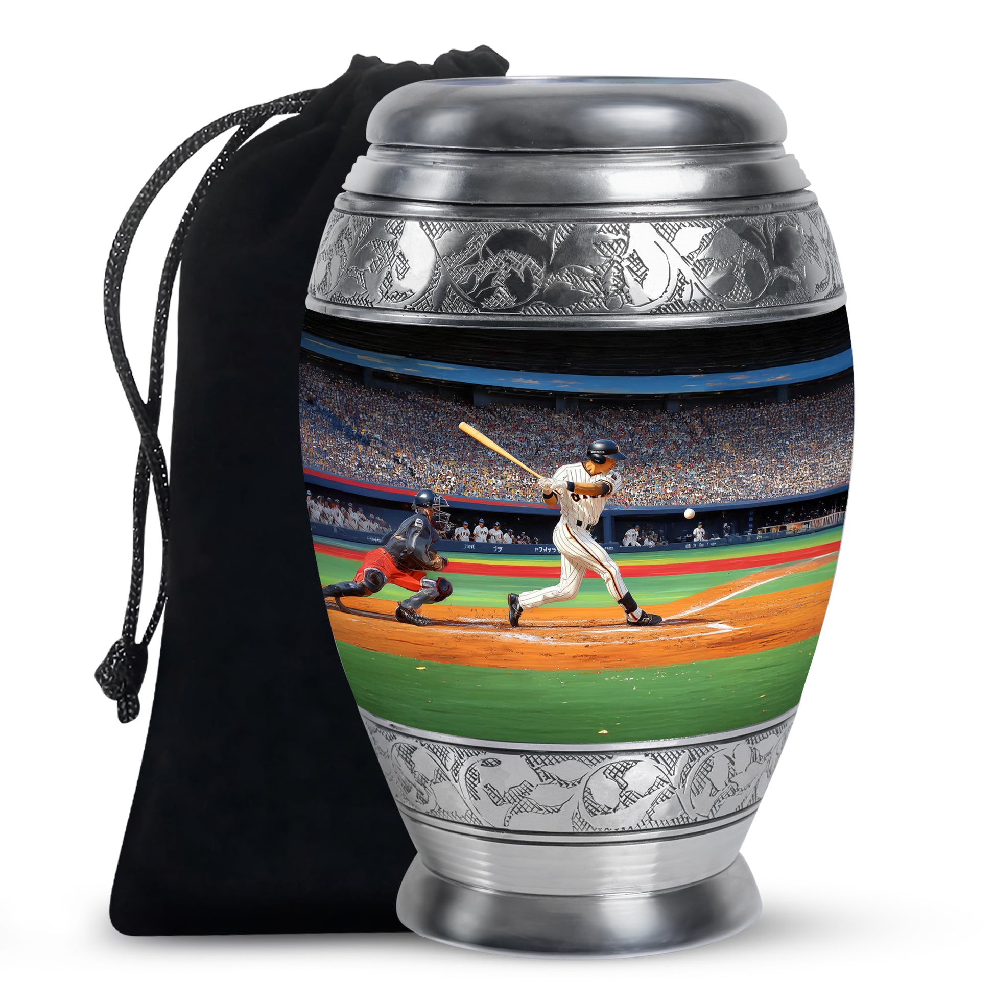 Dark Black Baseball Cremation Urn back view with polished surface - royal baseball engraving with decorative scrollwork - full-size 10 inch 200 cubic inch adult cremation urn