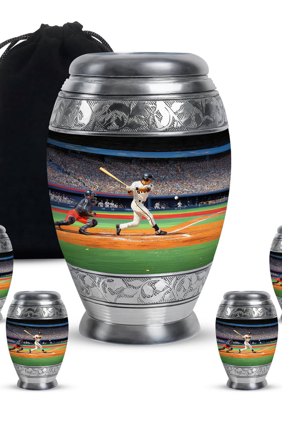 Charcoal Black Baseball Cremation Urn detail view - royal baseball engraving with decorative scrollwork - memorial set with one large and four small urns
