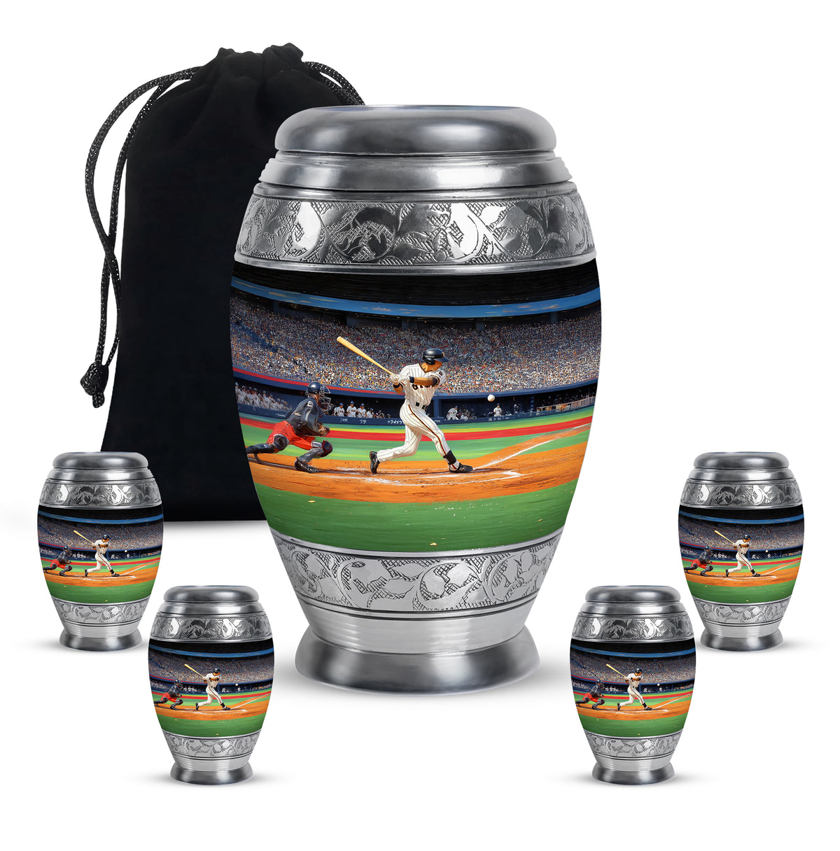 Charcoal Black Baseball Cremation Urn detail view - royal baseball engraving with decorative scrollwork - memorial set with one large and four small urns
