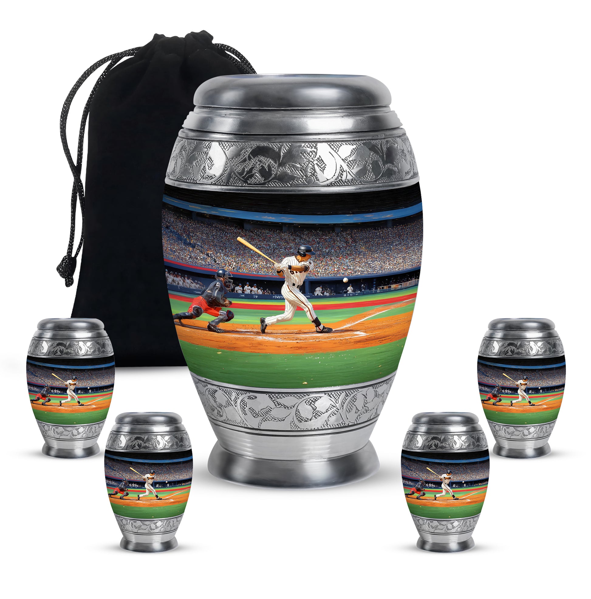 Charcoal Black Baseball Cremation Urn detail view - royal baseball engraving with decorative scrollwork - memorial set with one large and four small urns