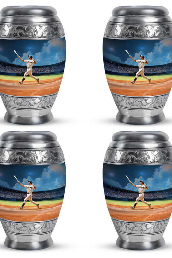 Powder Blue Baseball Cremation Urn urn with complimentary velvet bag - regal baseball design with crown-inspired accents - 10 inch aluminum urn for cremated remains