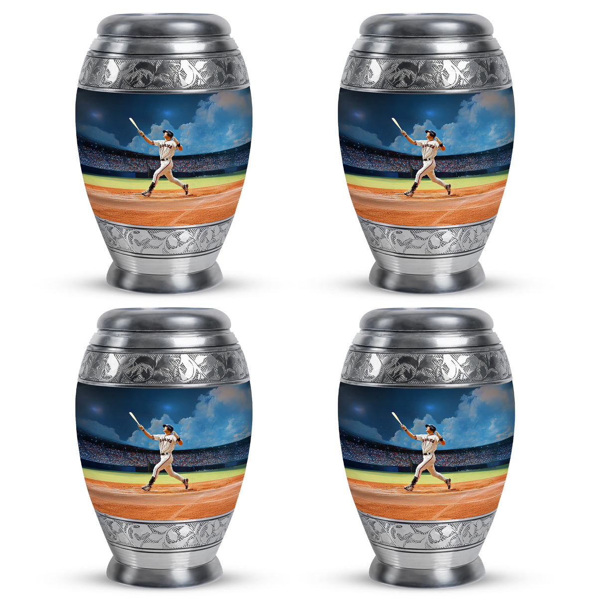 Powder Blue Baseball Cremation Urn urn with complimentary velvet bag - regal baseball design with crown-inspired accents - 10 inch aluminum urn for cremated remains