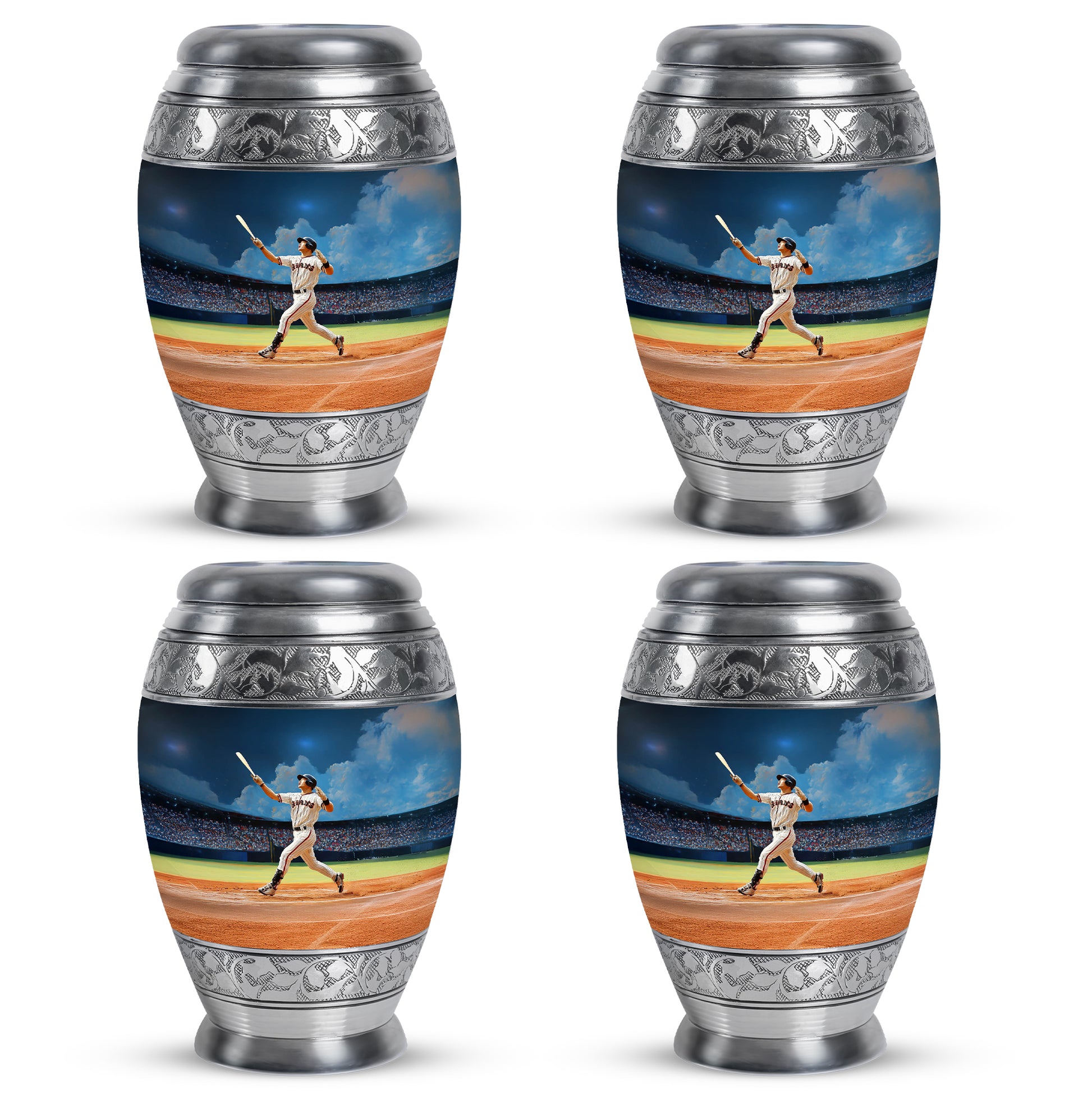 Powder Blue Baseball Cremation Urn urn with complimentary velvet bag - regal baseball design with crown-inspired accents - 10 inch aluminum urn for cremated remains