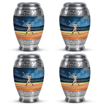 Powder Blue Baseball Cremation Urn urn with complimentary velvet bag - regal baseball design with crown-inspired accents - 10 inch aluminum urn for cremated remains