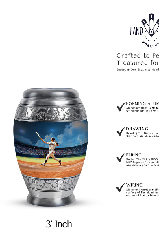 Steel Blue Baseball Cremation Urn lifestyle display on memorial shelf - royal baseball engraving with decorative scrollwork - mini keepsake memorial for portion of cremation ashes