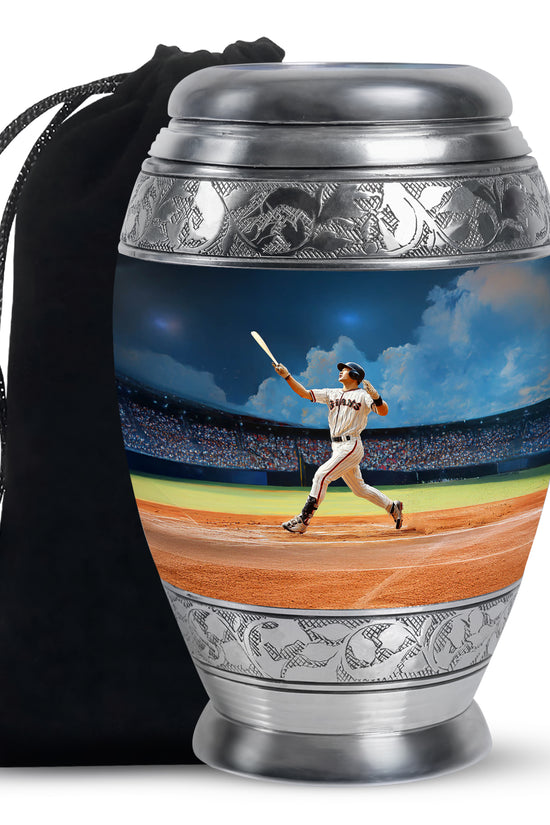 Sapphire Blue Baseball Cremation Urn back view with polished surface - royal baseball engraving with decorative scrollwork - full-size 10 inch 200 cubic inch adult cremation urn