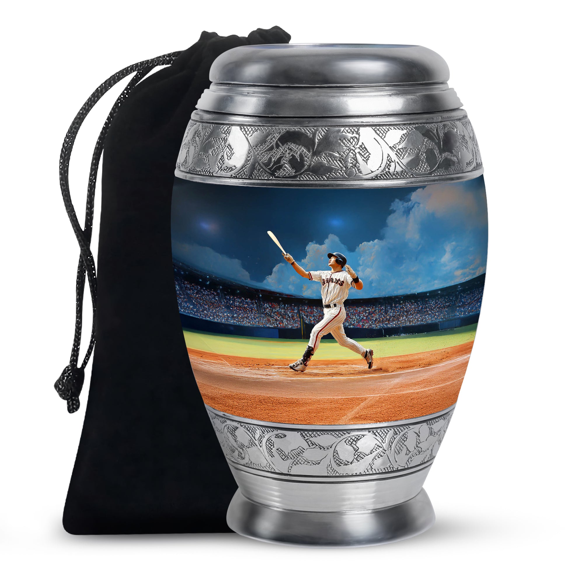 Sapphire Blue Baseball Cremation Urn back view with polished surface - royal baseball engraving with decorative scrollwork - full-size 10 inch 200 cubic inch adult cremation urn