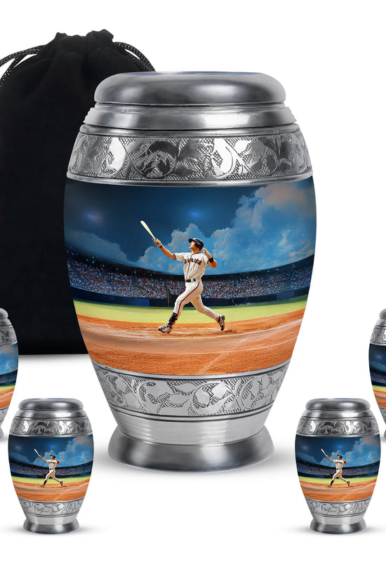 Cobalt Blue Baseball Cremation Urn detail view - royal baseball engraving with decorative scrollwork - memorial set with one large and four small urns