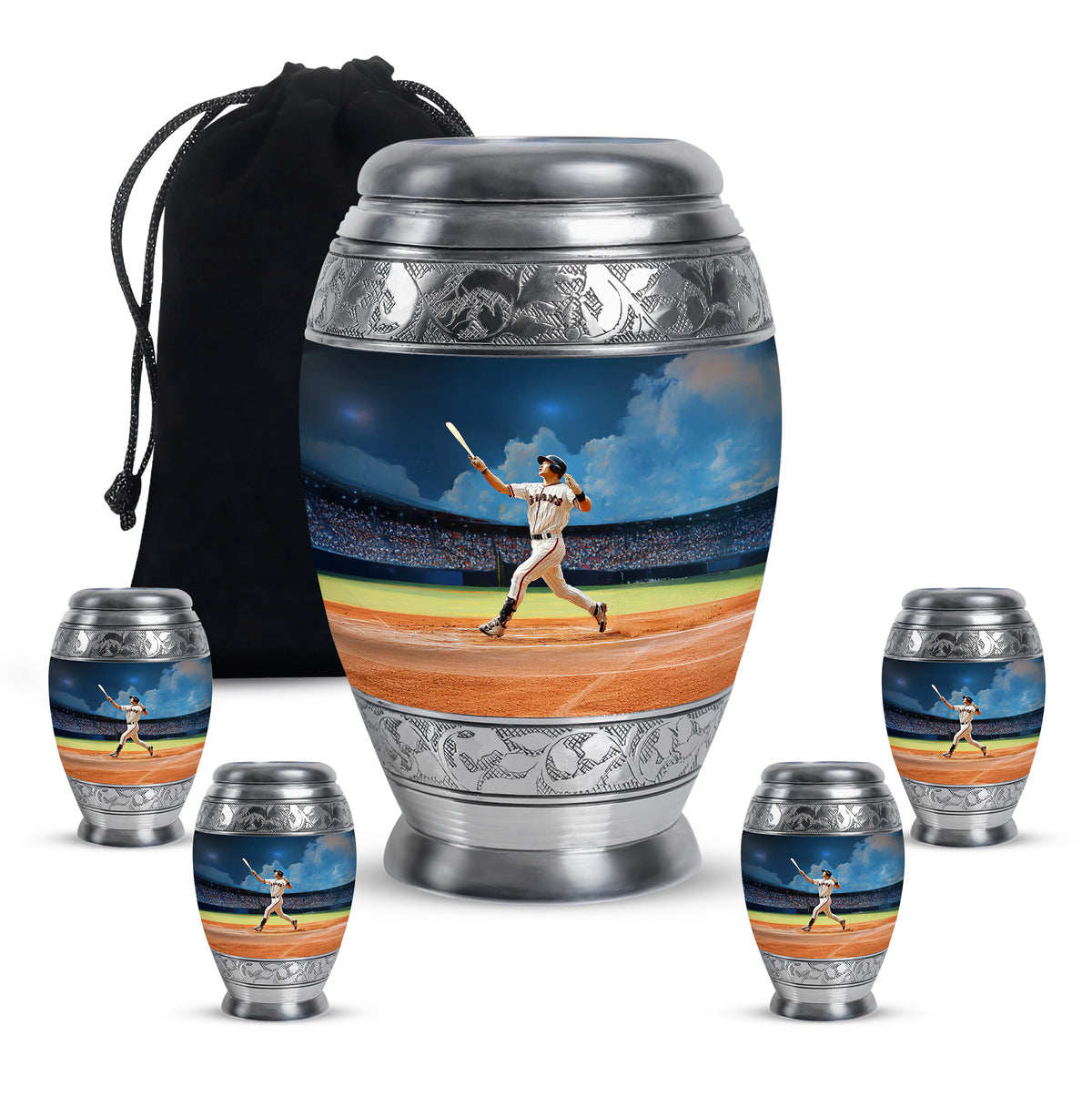 Cobalt Blue Baseball Cremation Urn detail view - royal baseball engraving with decorative scrollwork - memorial set with one large and four small urns