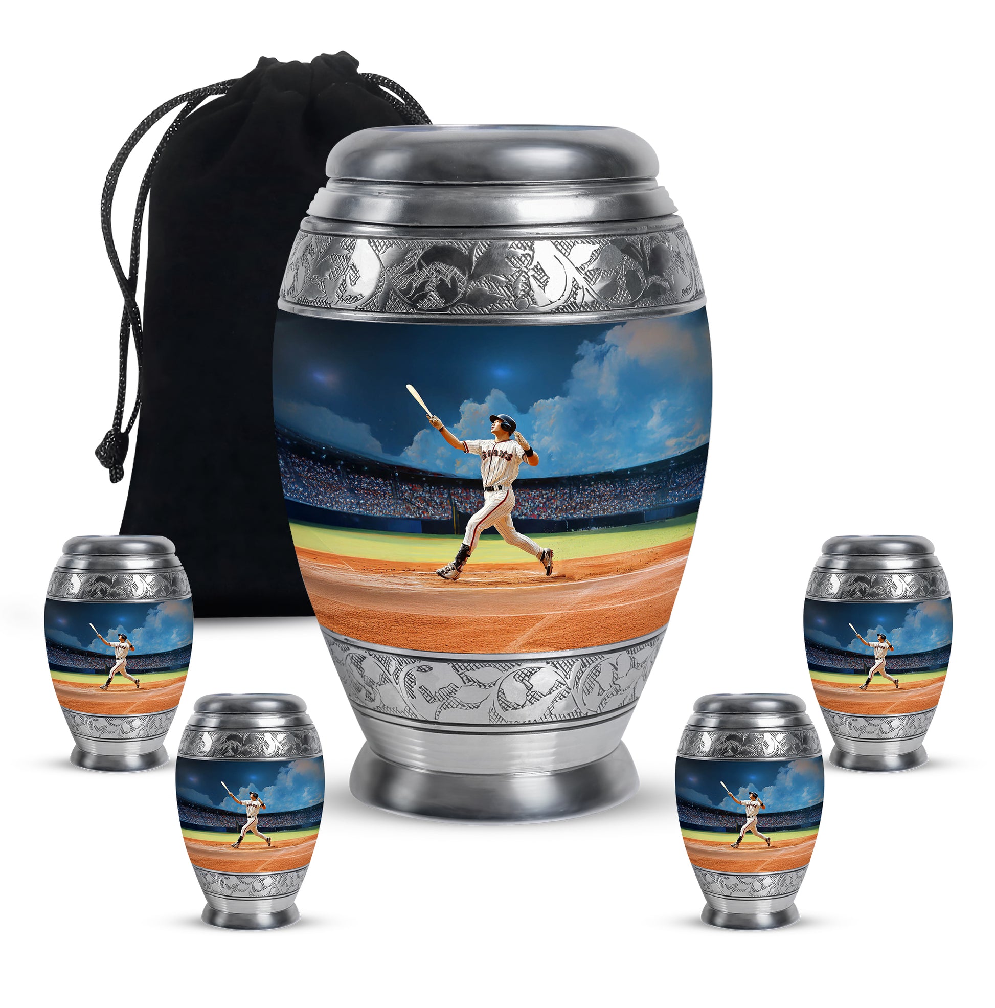 Cobalt Blue Baseball Cremation Urn detail view - royal baseball engraving with decorative scrollwork - memorial set with one large and four small urns