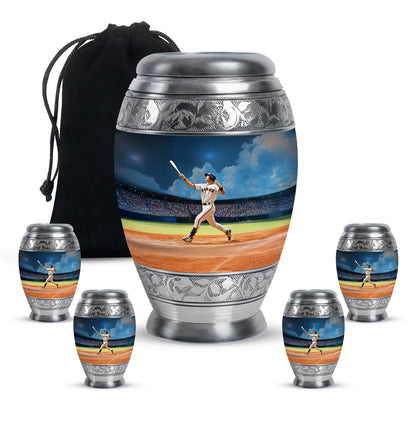 Cobalt Blue Baseball Cremation Urn detail view - royal baseball engraving with decorative scrollwork - memorial set with one large and four small urns