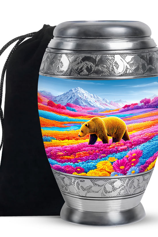 Brown Bear Funeral Urn - Colorful Flower Field Memorial Urn For Human Ashes