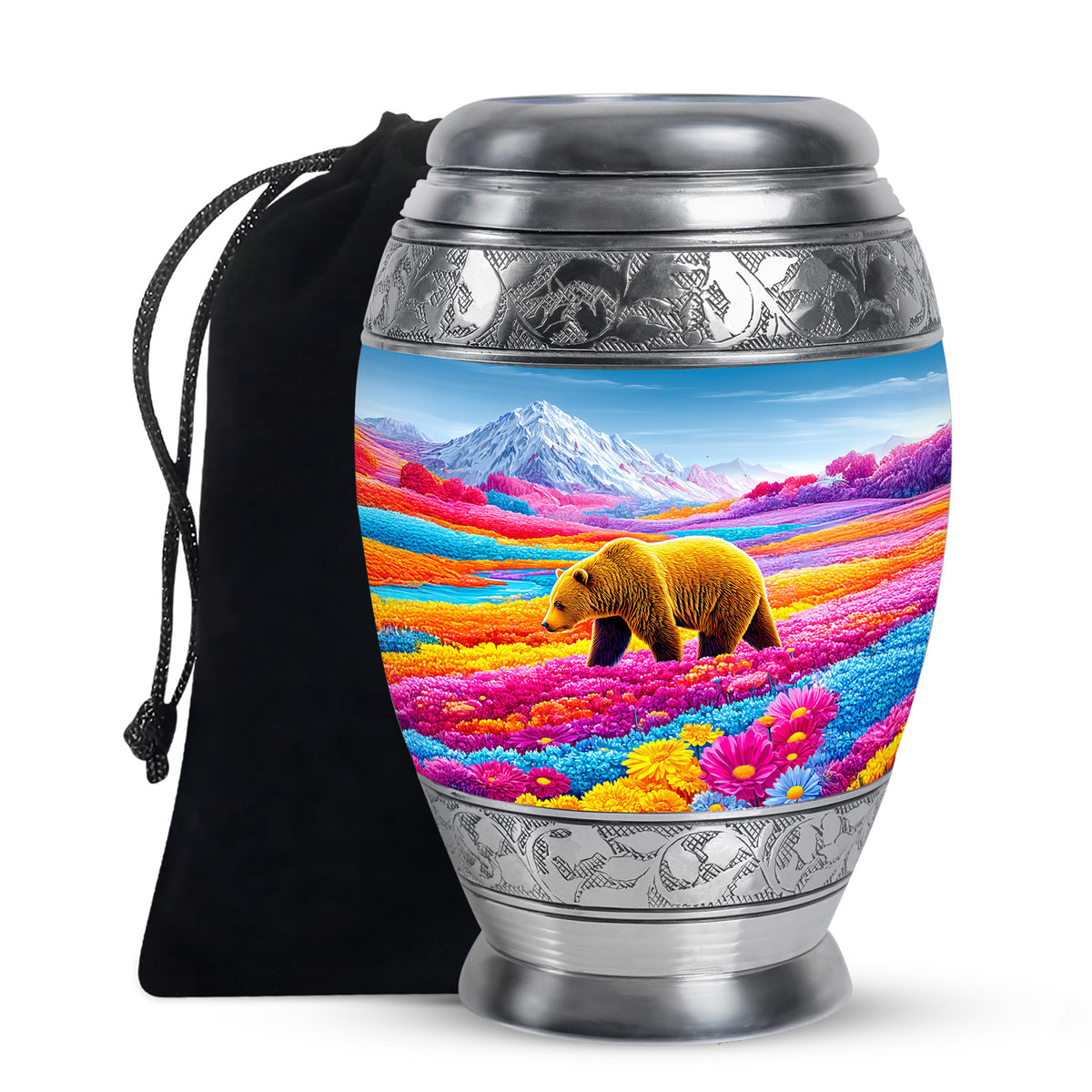 Brown Bear Funeral Urn - Colorful Flower Field Memorial Urn For Human Ashes