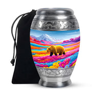 Brown Bear Funeral Urn - Colorful Flower Field Memorial Urn For Human Ashes