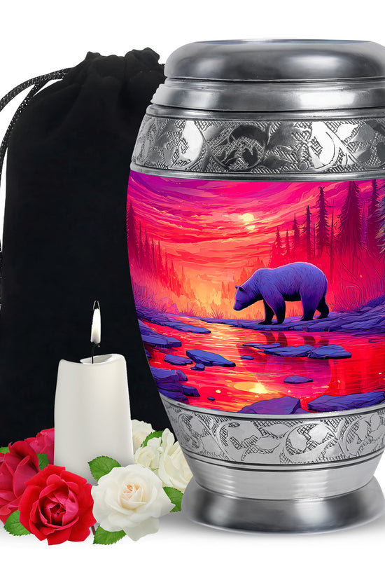 Red Sunset Bear Cremation Urn - Forest Landscape Urn For Loved Ones