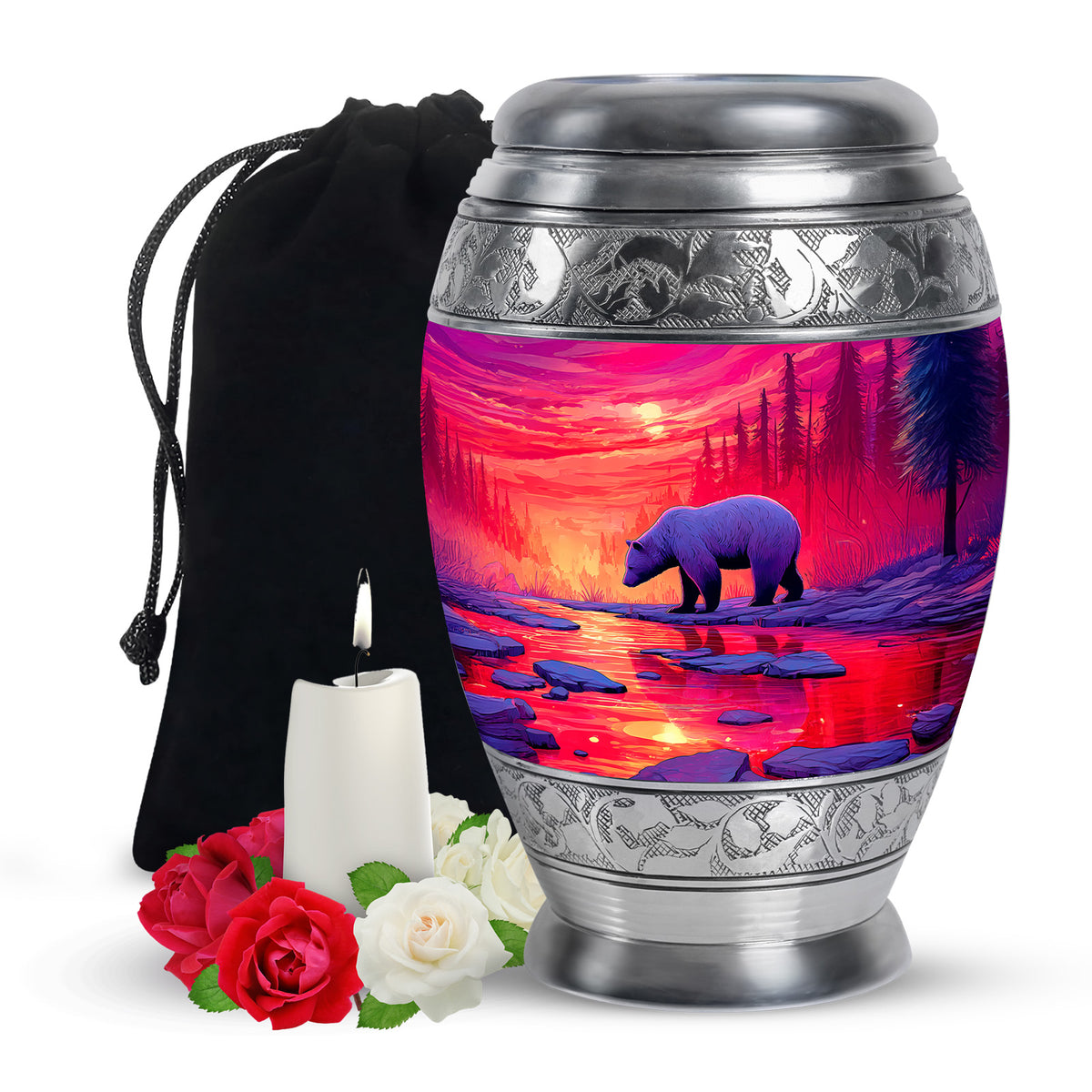 Red Sunset Bear Cremation Urn - Forest Landscape Urn For Loved Ones