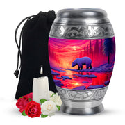 Red Sunset Bear Cremation Urn - Forest Landscape Urn For Loved Ones