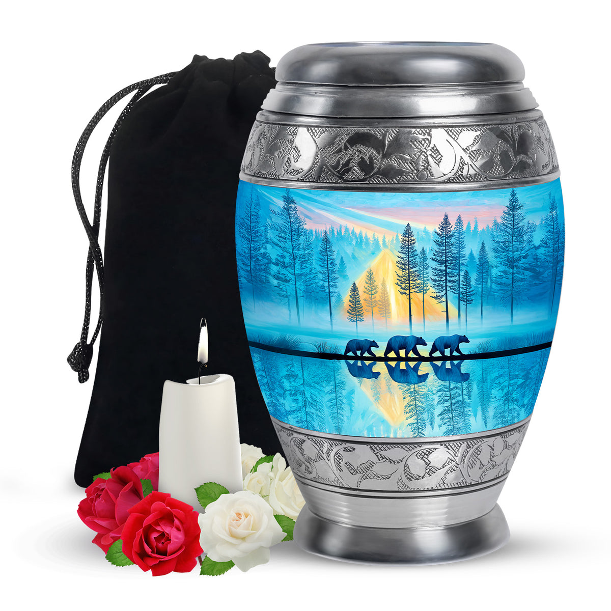 Family Bear Forest Urn - Bule Cremation Urn For Loved Ones