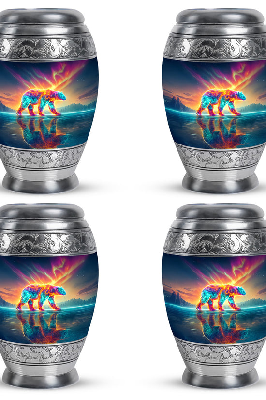 Sapphire Blue Bear Cremation Urn urn with complimentary velvet bag - majestic bear pattern with filigree border - 10 inch aluminum urn for cremated remains