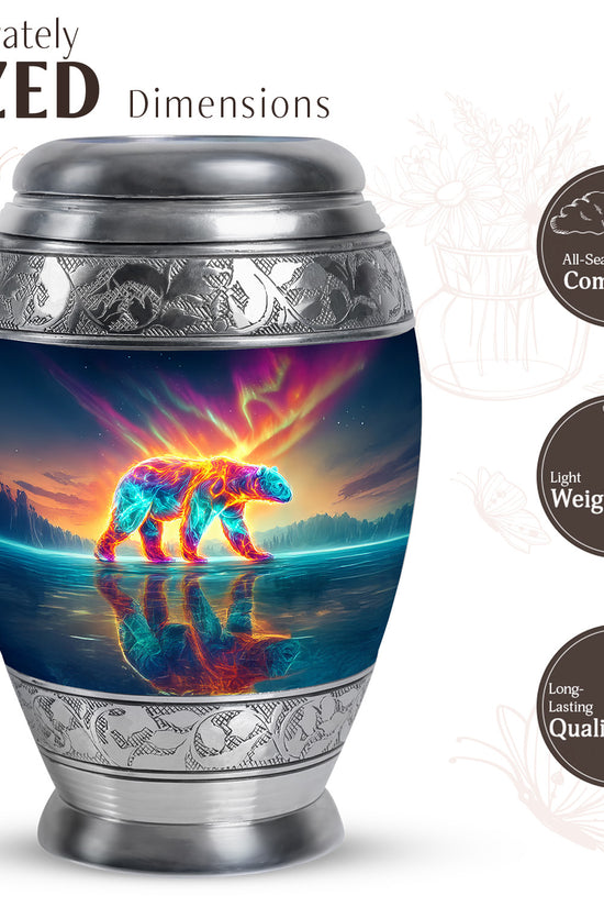 Bright Blue Bear Cremation Urn lifestyle display on memorial shelf - royal bear engraving with decorative scrollwork - mini keepsake memorial for portion of cremation ashes