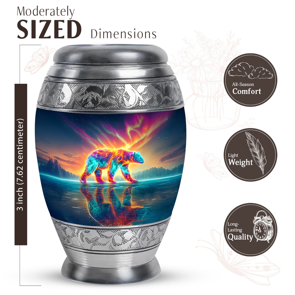 Bright Blue Bear Cremation Urn lifestyle display on memorial shelf - royal bear engraving with decorative scrollwork - mini keepsake memorial for portion of cremation ashes