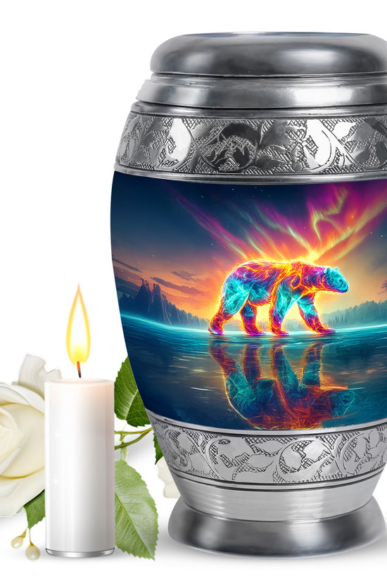 Sapphire Blue Bear Cremation Urn back view with polished surface - majestic bear pattern with filigree border - full-size 10 inch 200 cubic inch adult cremation urn