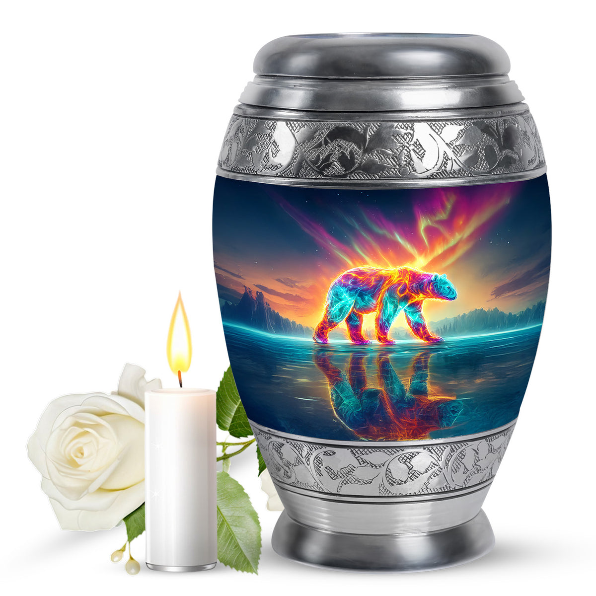 Sapphire Blue Bear Cremation Urn back view with polished surface - majestic bear pattern with filigree border - full-size 10 inch 200 cubic inch adult cremation urn