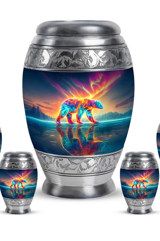 Serene Blue Bear Cremation Urn detail view - royal bear engraving with decorative scrollwork - memorial set with one large and four small urns