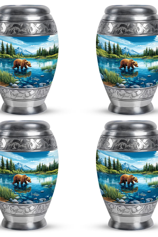 Azure Bear Cremation Urn urn with complimentary velvet bag - regal bear design with crown-inspired accents - 10 inch aluminum urn for cremated remains
