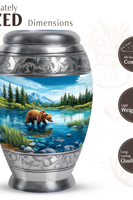 Cornflower Blue Bear Cremation Urn lifestyle display on memorial shelf - majestic bear pattern with filigree border - mini keepsake memorial for portion of cremation ashes