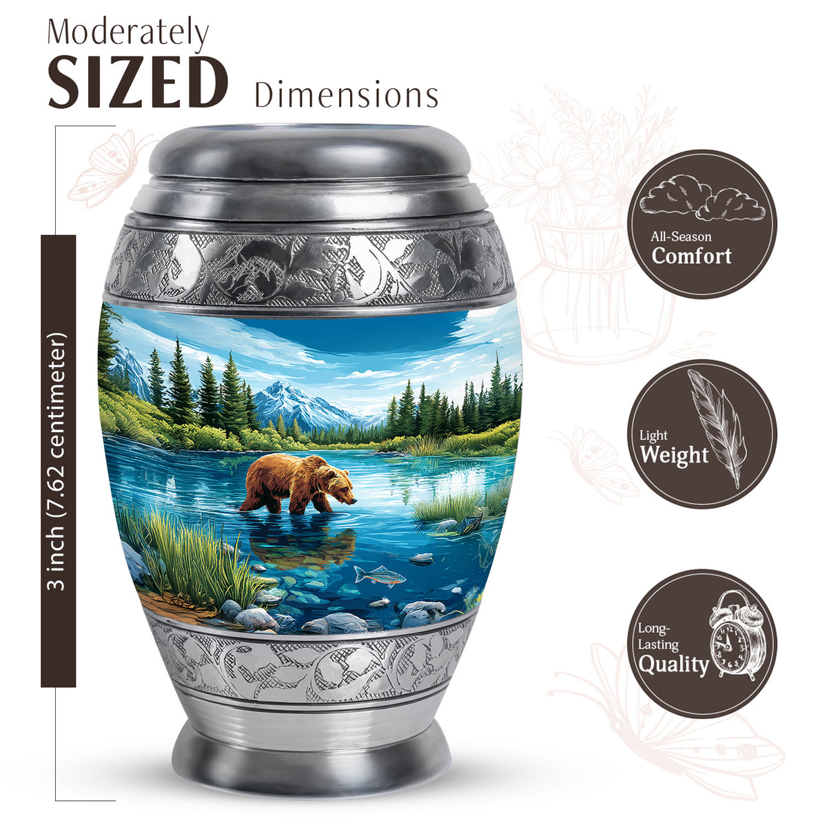 Cornflower Blue Bear Cremation Urn lifestyle display on memorial shelf - majestic bear pattern with filigree border - mini keepsake memorial for portion of cremation ashes