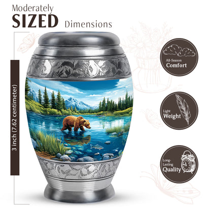 Cornflower Blue Bear Cremation Urn lifestyle display on memorial shelf - majestic bear pattern with filigree border - mini keepsake memorial for portion of cremation ashes