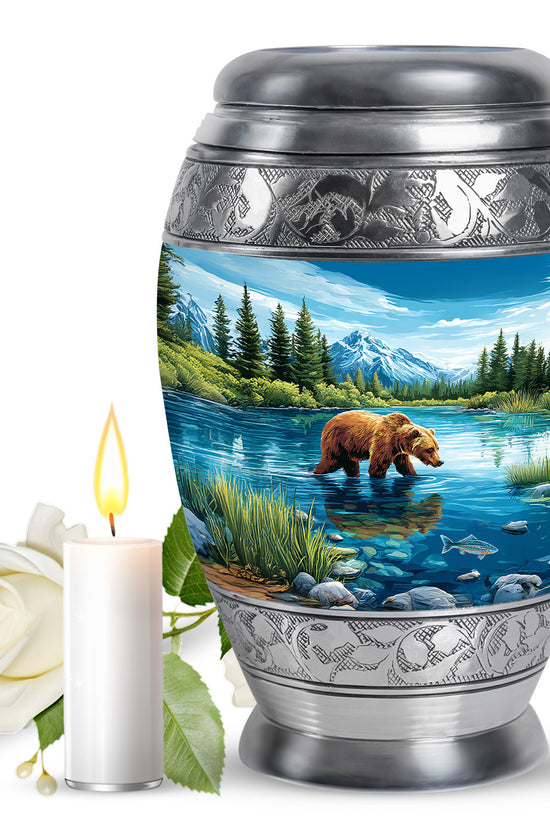 Cobalt Blue Bear Cremation Urn back view with polished surface - royal bear engraving with decorative scrollwork - full-size 10 inch 200 cubic inch adult cremation urn