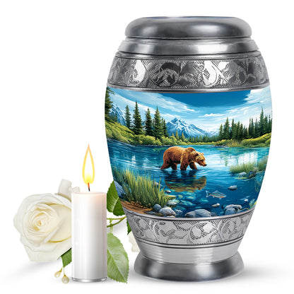 Cobalt Blue Bear Cremation Urn back view with polished surface - royal bear engraving with decorative scrollwork - full-size 10 inch 200 cubic inch adult cremation urn