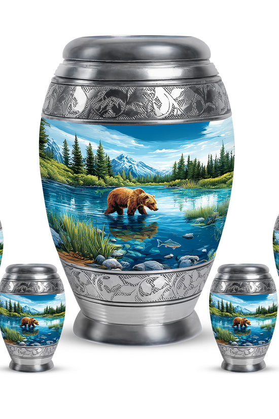 Dusty Blue Bear Cremation Urn detail view - regal bear design with crown-inspired accents - memorial set with one large and four small urns
